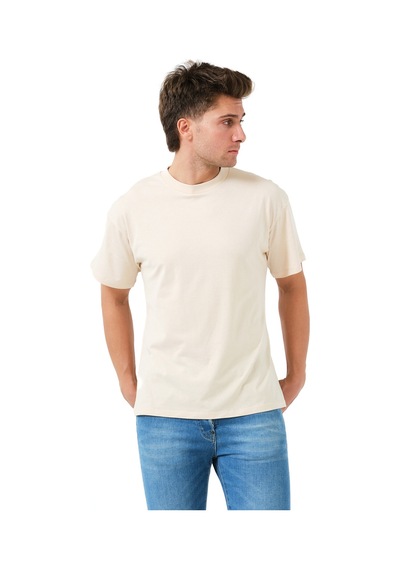 Justever 100% Pamuk Oversize Fit Bisiklet Yaka Bej Erkek T-shirt - Alpha Bej