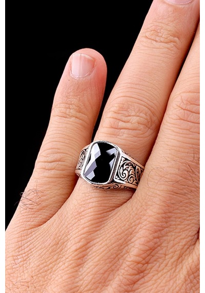 İpek Silver 925 Ayar Gümüş Kalem İşlemeli Motif Zirkon Taşlı Erkek Yüzük Gümüş