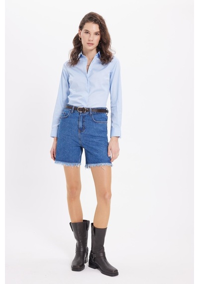 Tudors Kadın Slim Fit Non-ıron Pamuklu Vücuda Oturan Ütü Gerektirmez Pensli Mavi Gömlek-42047 Mavi