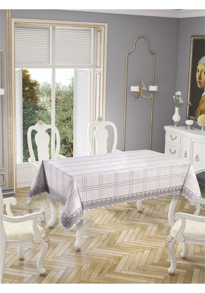 Dantelli Keten Efektli Leke Tutmaz Lüks Masa Örtüsü 160x220 Cm Gri