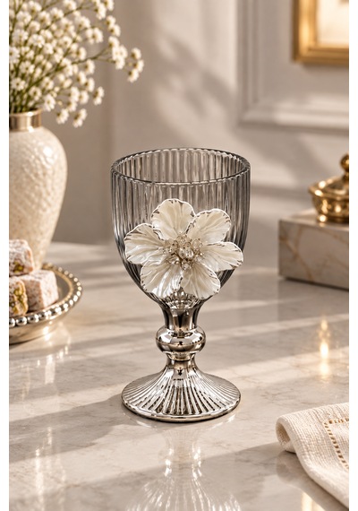 2 Li Cam Lotus Kahve Yanı Bardak Bardak Gümüş Kaplama 75ml