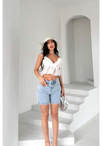 HLT Jeans Kadın Açık Mavi Kar Efektli Mom Fit Yüksek Bel Likralı Jean Kot Şort Lily-mavikar