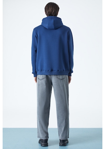 Grimelange WULF Erkek Organik Kumaşlı İçi Polarlı Yumuşacık Kanguru Cepli Kapüşonlu Lacivert Sweatshirt