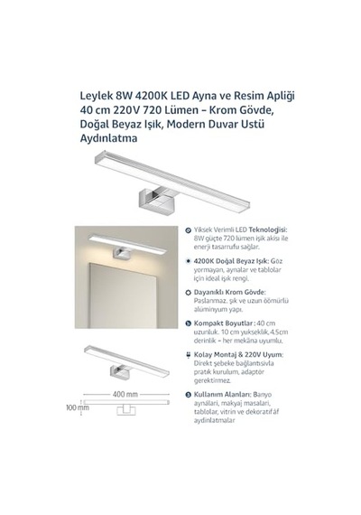 Leylek 8w 4200k Led Ayna Ve Resim Apliği 40 Cm 220v 720 Lümen Krom Gövde, Doğal Beyaz Işık, Modern Duvar Üstü Aydınlatma Enerji Sınıfı F Açık Gri