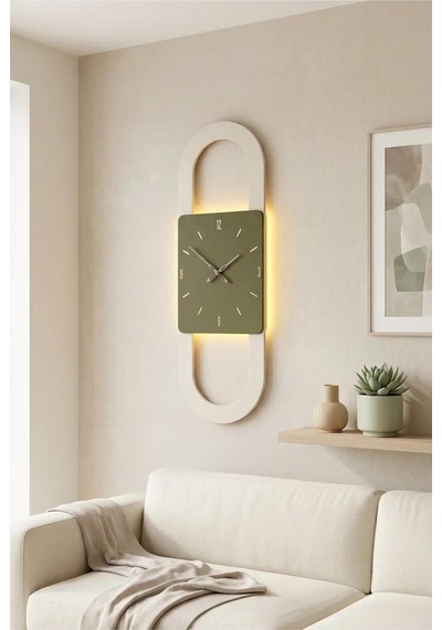 Berlin Ahşap Salon Duvar Saati Pilli Ledli Quartz Ultra Sessiz Mekanizma 28 Cm X 85 Cm Haki