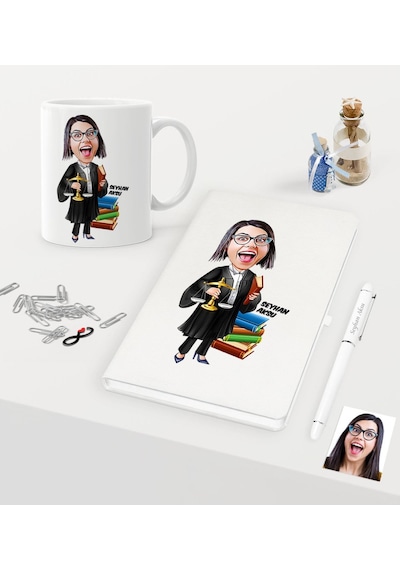 Kişiye Özel Bayan Avukat Karikatürlü Beyaz Defter Kalem Kupa Seti N11.67