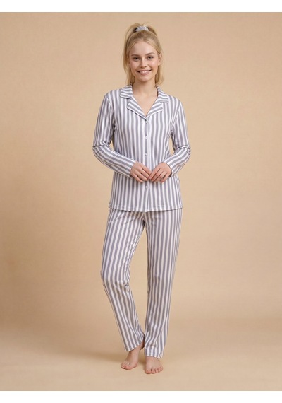 Wordex Mirano 9801 Şardonlu Soft Kışlık Düğmeli Çizgili Kadın Pijama Takım Gri