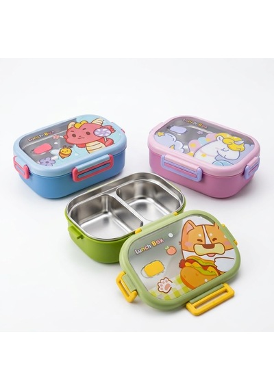 Paslanmaz Çelik 2 Bölmeli Kilitli Yemek Kabı, 850 Ml Renkli Desenli Lunch Box, Çelik İç Hazneli Saklama Ve Taşıma Kabı Çok Renkli