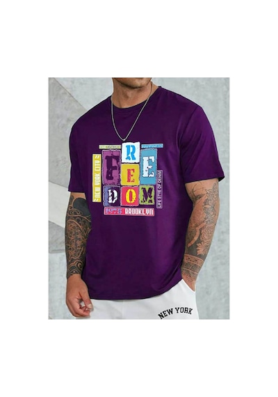 Medinenur Feedom Baskılı Unisex Bisiklet Yaka Tshirt Mor