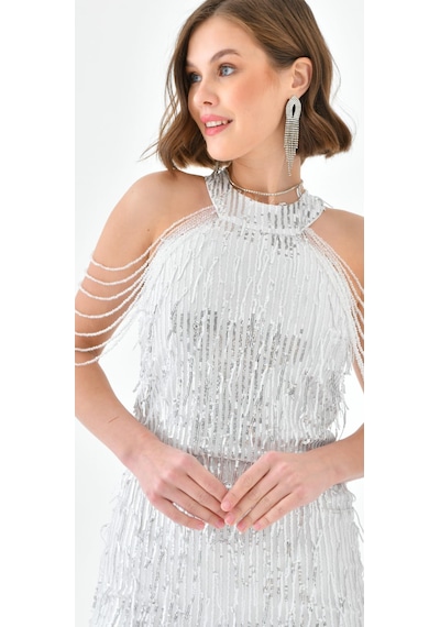 Hanife Glam Couture Hanife Glam Halter Yaka Taş Tasarımlı Saçaklı Pul Payet Mini Elbise Gümüş