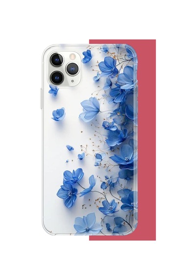İphone 11 Pro Max Uyumlu Mavi Çiçek2 Uv Baskılı Silikon Kılıf Renkli