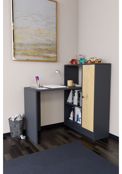 Drithe Modern Dolaplı Kitaplıklı Çalışma Masası Antrasit-çam Antrasit - Çam