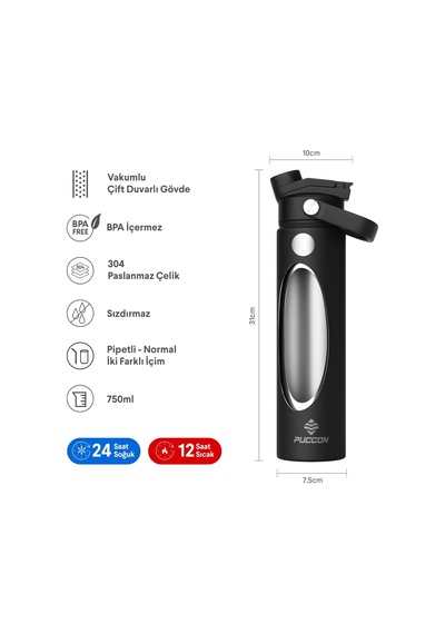 Puccon 750 Ml Siyah Paslanmaz Çelik Termos/matara/suluk
