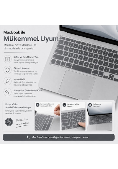 Macbook Pro 14.2 İnç M1 M2 M3 M4 M5 A2442 A2992 A2918 Uyumlu Şeffaf Türkçe Q Klavye Koruyucu Silikon Diğer