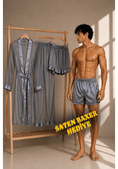 Qmen Style Erkek Şifon 3'lü Kimono - Pijama - Şort Seti Gri