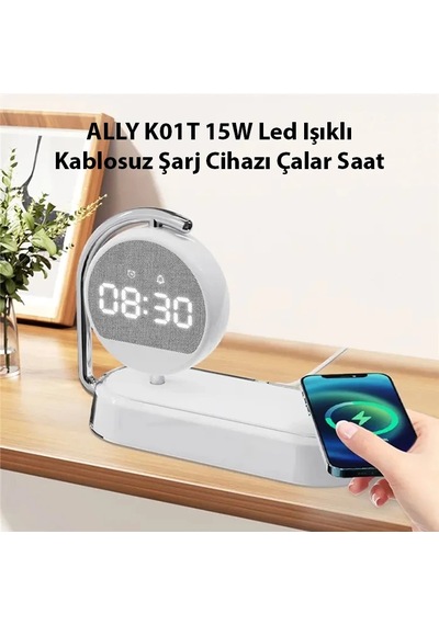Ally K01t 15w Led Işıklı Kablosuz Şarj Cihazı Çalar Saat- 5775 Renkli