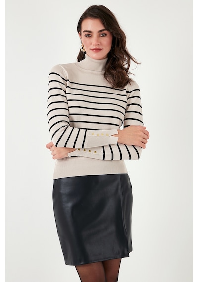 Lela Çizgili Regular Fit Balıkçı Yaka Bayan Kazak 4615565 Ekru