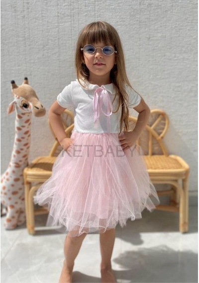 Ketbaby Kız Çocuk Kurdeleli Tül Etek Kısa Kol Elbise Pembe Pembe