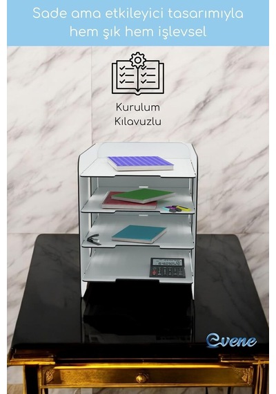 Evene Dosya Düzenleyici Masa Üstü Organizer Ahşap Enanrak Raflı Model 1, Beyaz, Evene