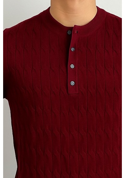 Tarz Cool Erkek Hakim Yaka Düğmeli Slim Fit Triko T-shirt Bordo