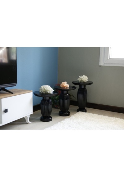 Wood Wooden Ahşap 3 Lü Siyah Renk Fitilli Mantar Yan Sehpa Modern Fiskos / Çiçeklik / Zigon Sehpa Siyah