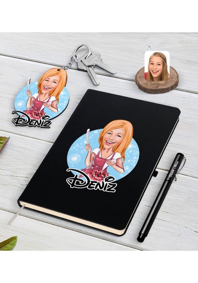 Kişiye Özel Kadın Aşçı Karikatürlü Siyah Defter Kalem Ve Anahtarl N11.3812