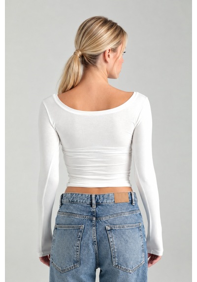 Cloudymood Kadın Ultra Soft Oval Yaka Bluz Ekru - 894338718 Ekru