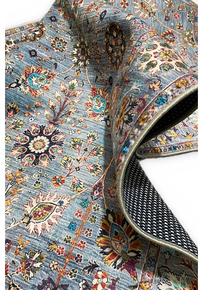 Gri Vintage Halı Etnik Desen Saçaklı Bambu Kumaş, Yıkanabilir