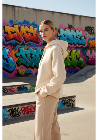 Benerly Kadın Kapüşonlu Düşük Kol Oversize Örme Sweatshirt Fonksiyonel Da Taş