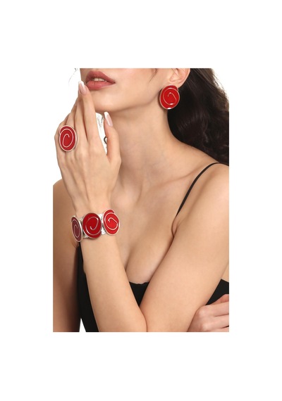 Kadın Gümüş Renk Lak Kaplama Çivili Model Kırmızı Mineli Küpe &yüzük &bileklik Set Kırmızı