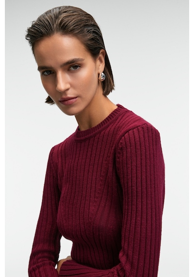 Grımelange ENCANTO Kadın Yuvarlak Yaka Çizgi Desenli Slim Fit Bordo Elbise