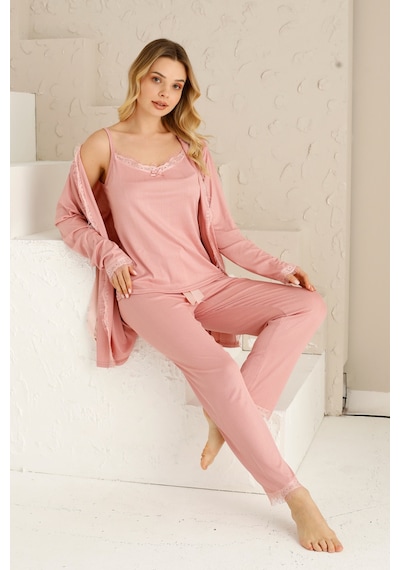 Nisanca Sabahlıklı Dantel Detaylı Pegasus Kadın Pijama Takımı-çeyizlik Takım- Geniş Beden Aralığı Pudra