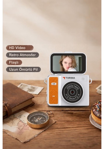 Torima CMR46 Mini Dijital Kamera 2k Flip Ekranlı Selfie Video Vlog Kamerası Turuncu
