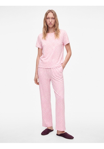 Koton Rahat Kesim Leopar Desenli Bisiklet Yaka Kısa Kollu Pijama Takımı Pembe Desenli 7wlk40289mk