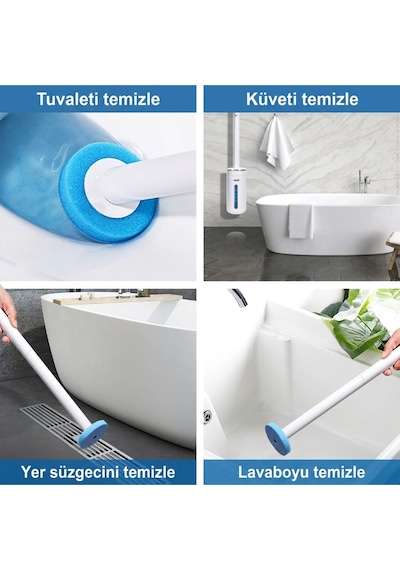Kullan At Süngerli Tuvalet Fırçası Seti - Duvara Monte, Kendinden Deterjanlı 8 Yedek Başlıklı Hijyen Beyaz
