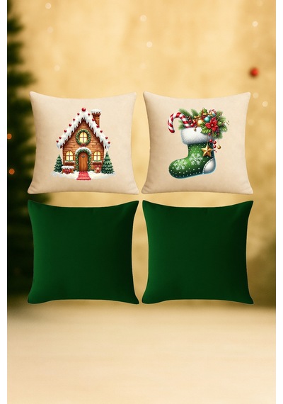 Yılbaşı Temalı Kırlent Kılıfı 4 Lü Set Yeşil