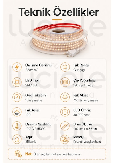 6 Metre 220v Günışığı Şerit Led Hazır Fişli Tak Çalıştır Silikonlu Yapışkanlı