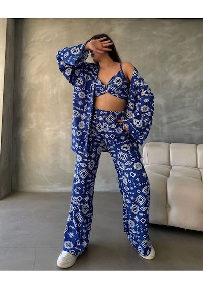 Bürümcük Kumaş Kimono Üçlü Takım Lacivert