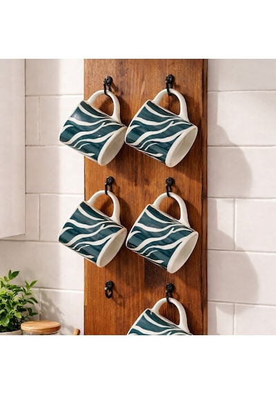 Doğal Ahşap 8 Li Kahve Fincanı Askılığı 17x40 Cm Duvar Tipi Espresso Fincan Standı .