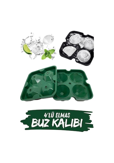 4'lü Elmas Silikon Buz Kalıbı Kırılmaz Esnek Yeşil