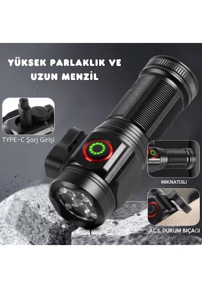 Güç Göstergesi İle Güçlü Usb Şarj Edilebilir Mini Led El Feneri Pd-7007 Siyah