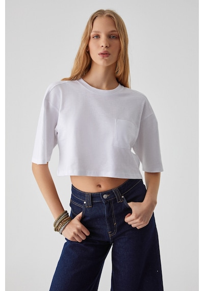 Ethıquet  QEFKOP Kadın %100 Pamuk Bisiklet Yaka Oversize Beyaz T-Shirt