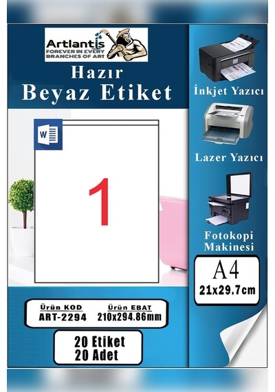 A4 Hazır Etiket 210x294.86 Mm 20 Sayfa 1 Paket 1 Li Kendinden Yapışkanlı Fotokopi Lazer İnkjet Kağıdı Yazıcılar İçin