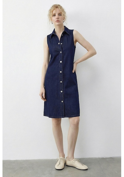 Shade Kadın Çıtçıt Kapamalı Cep Detaylı Gömlek Yaka Denim Elbise 5534 60286004 - Lacivert