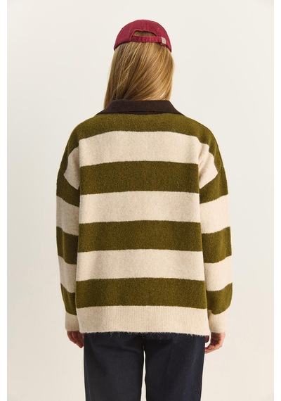 Shade Kadın Oversize Çizgili Polo Yaka Kalp Desen Nakış İşlemeli Triko Kazak 2632 60283920 - Krem-yeşil Çok renkli Shade Kadın Oversize Çizgili Polo Yaka Kalp Desen Nakış İşlemeli Triko Kazak 2632 60283920 - Krem-yeşil Çok renkli