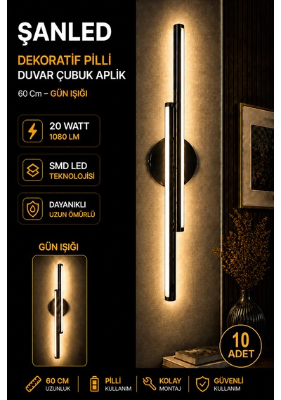 Dekoratif 20w İç Mekan Siyah Kasa Gün Işığı 60 Cm Duvar Aplik Pilli 10 Adet