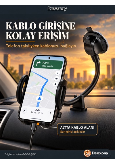 Dexxony A03 Araç İçi Telefon Tutucu Esnek Kollu Vantuzlu Destek Ayaklı Torpido Ve Cam 360 Derece