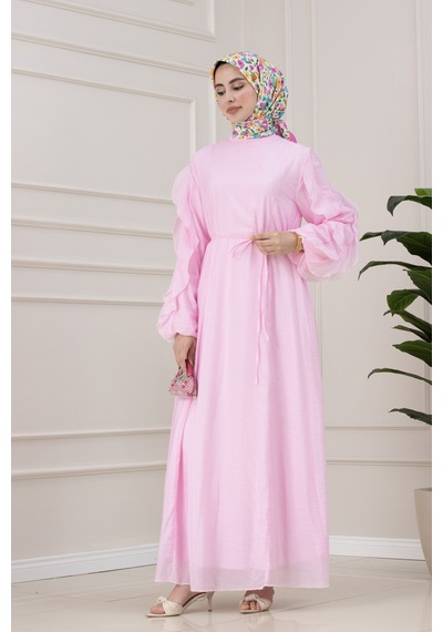 Sevitli Kolları Fırfır Detaylı Simay Elbise-pembe-5793