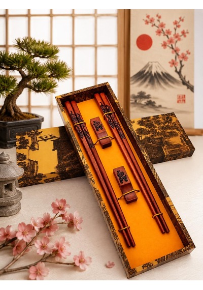 Valkyrie Doğal Ahşap Yemek Çubuğu Seti 2 Çift Ejderha Desenli Çubuk Tutacaklı Kutulu 22,9 Cm Chopstick Seti