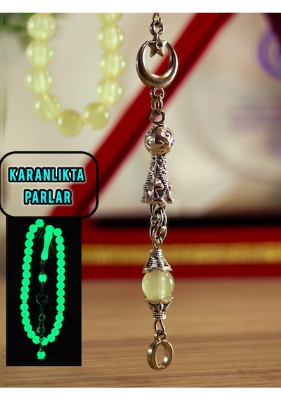 Kedi Gözü Tesbih Gece Karanlıkta Parlayan Model Kişiye Özel Harfli Hediyelik Tesbih Küre Kesim Fosforlu Tesbih Gümüş - Siyah